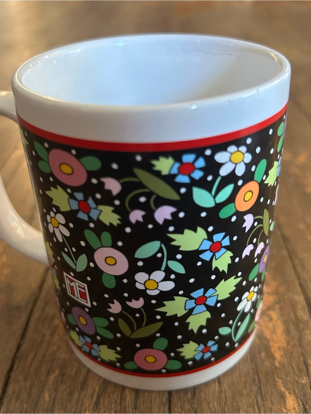 Mary Engelbreit Black Floral Ceramic Mug with Multicolor Flowers